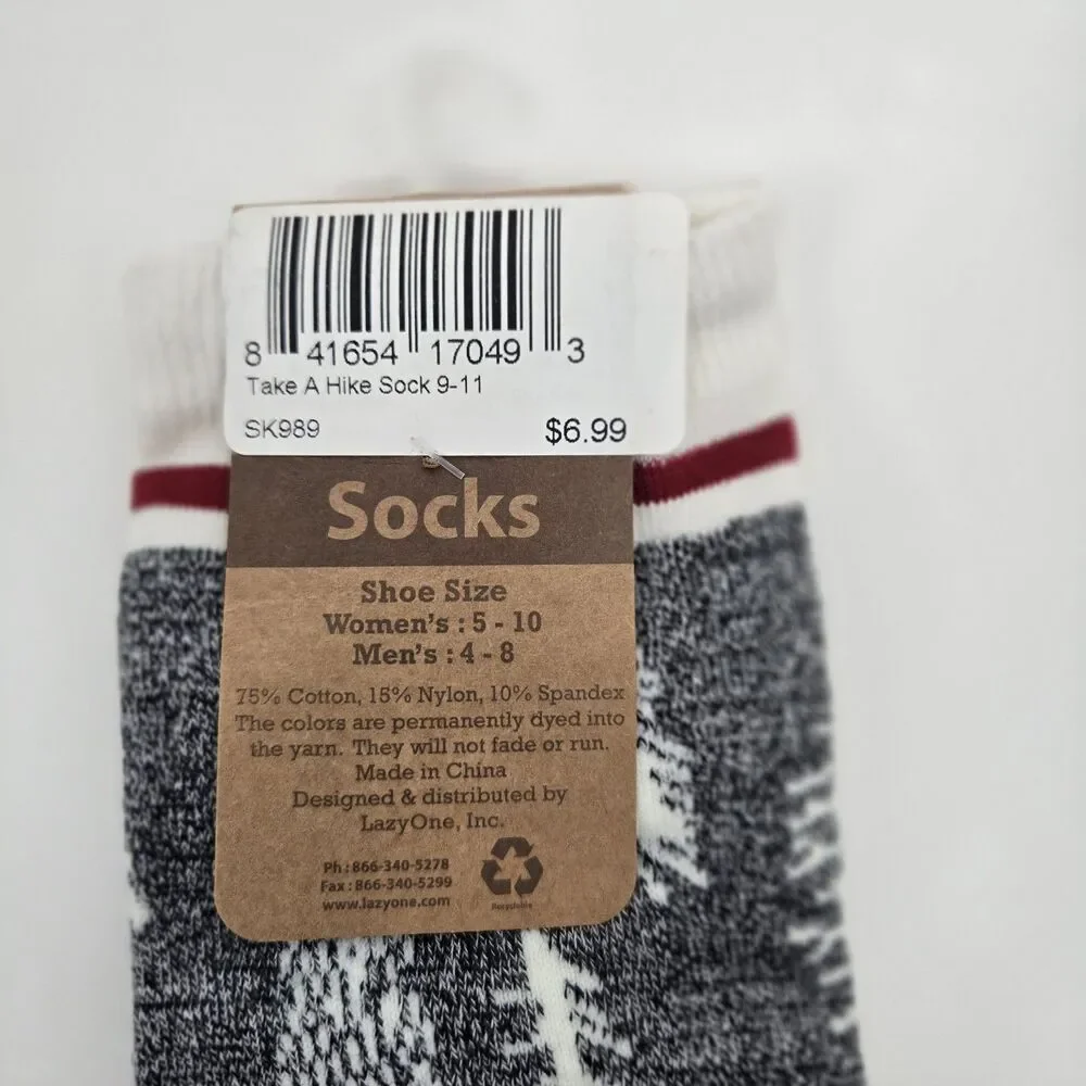 Lazy One‎ Take A Hike Crew Socks Cotton Blend Moose Pine Tree Womens Mens Unisex